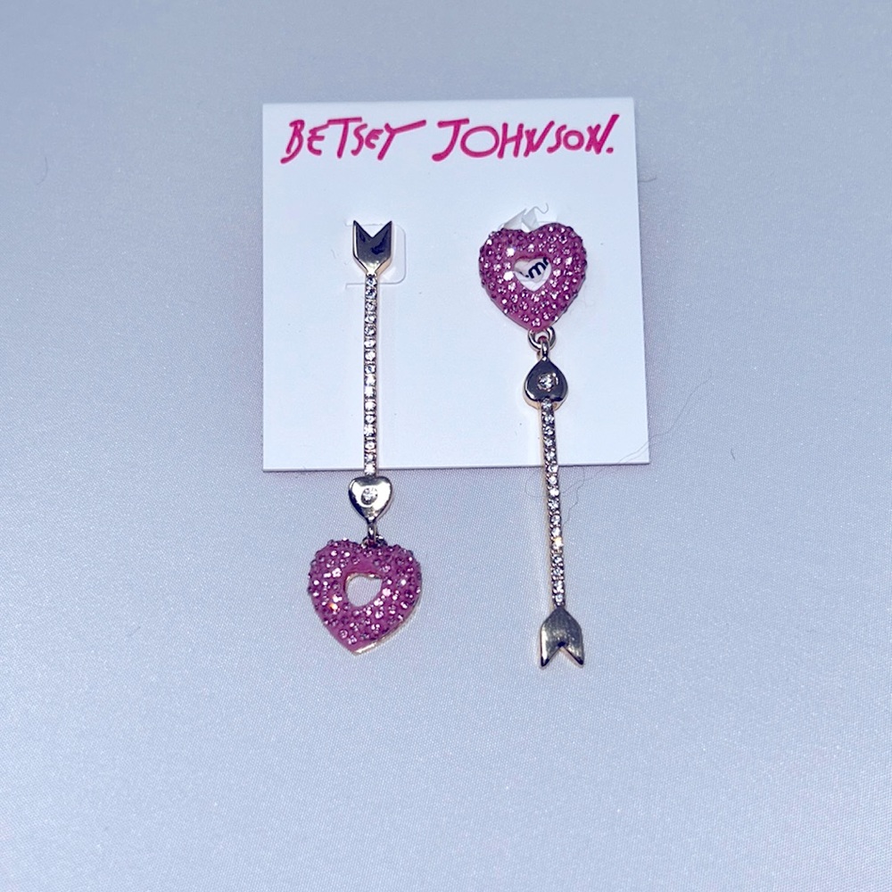 Betsey Johnson Gold Pink Clear Rhinestone Heart Arrow Dangly Earrings